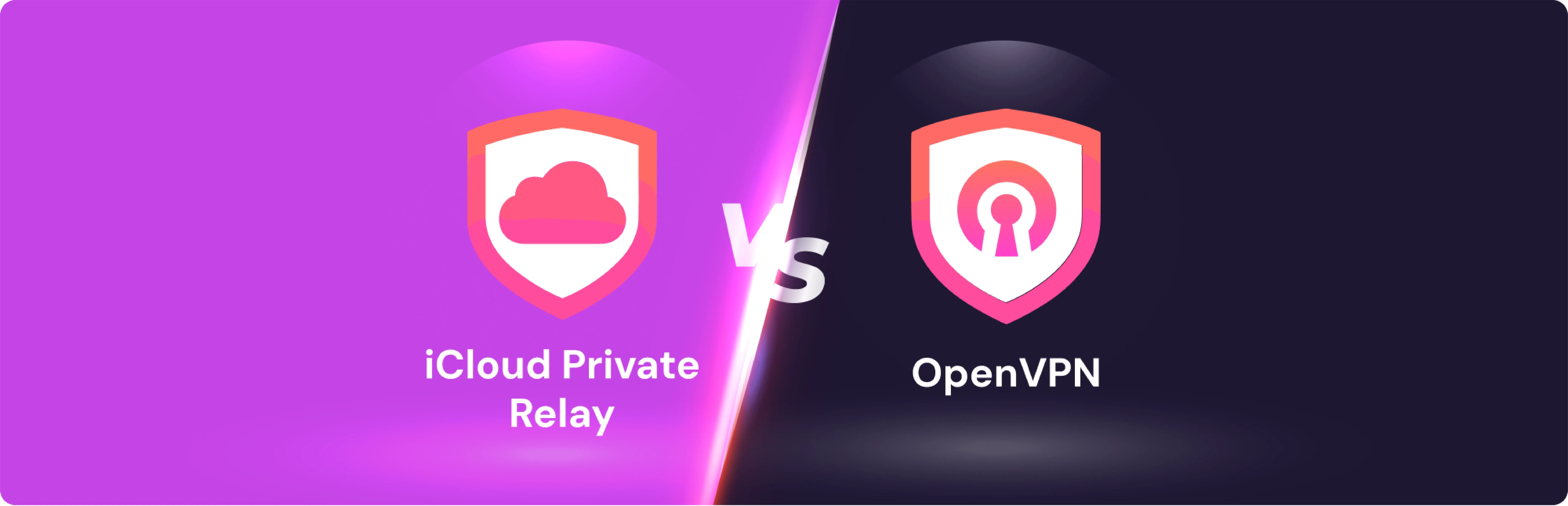 Comparison graphic showing iCloud Private Relay versus VPN, with two shield icons side by side—iCloud Private Relay on a purple background with a cloud symbol, and OVPN on a dark background with a keyhole symbol, separated by a “vs” divider.